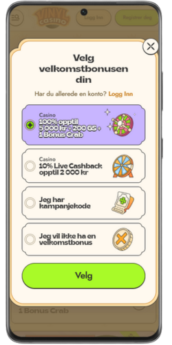 Velkomstbonusvalg hos Vinyl Casino ved registrering med bonusalternativer