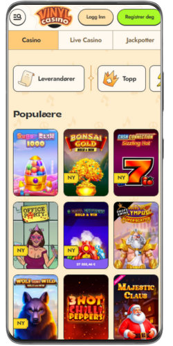 Populære slotspill i Vinyl Casino lobbyen med toppkategorier