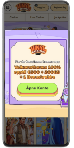 Velkomsttilbud fra Vinyl Casino med 100% bonus og gratisspinn