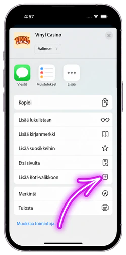 Vinyl Casinon lisääminen Koti-valikkoon Safarissa