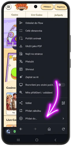 Volba Přidat pro Vinyl Casino na Androidu
