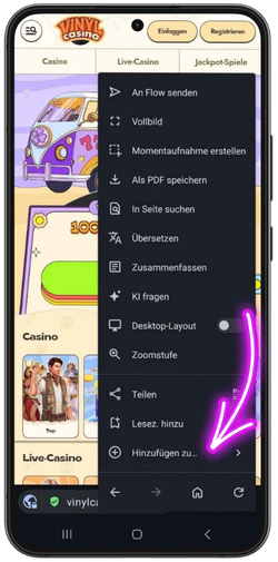Hinzufügen für Vinyl Casino unter Android wählen