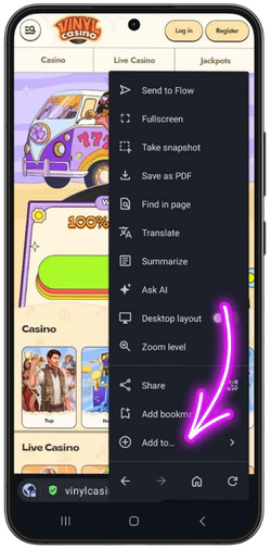 Choosing Add to for Vinyl Casino on Android