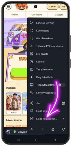 Lisää-vaihtoehdon valinta Vinyl Casinolle Androidissa