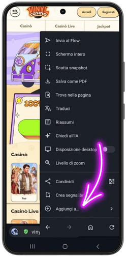 Scegliere Aggiungi per Vinyl Casino su Android