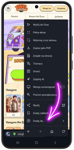 Wybieranie opcji Dodaj dla Vinyl Casino na Androidzie