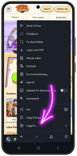 Velge Legg til for Vinyl Casino på Android