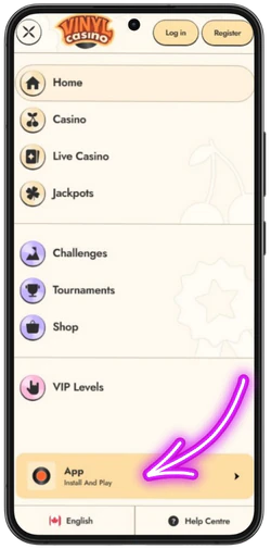 Finding the app entry for Vinyl Casino in the menu