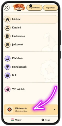 Az alkalmazás menüpont megkeresése a Vinyl Casinónál
