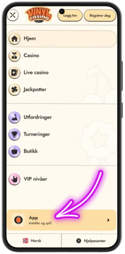 Finne app-punktet for Vinyl Casino i menyen