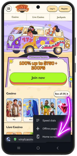 Placing the Vinyl Casino icon on the home screen