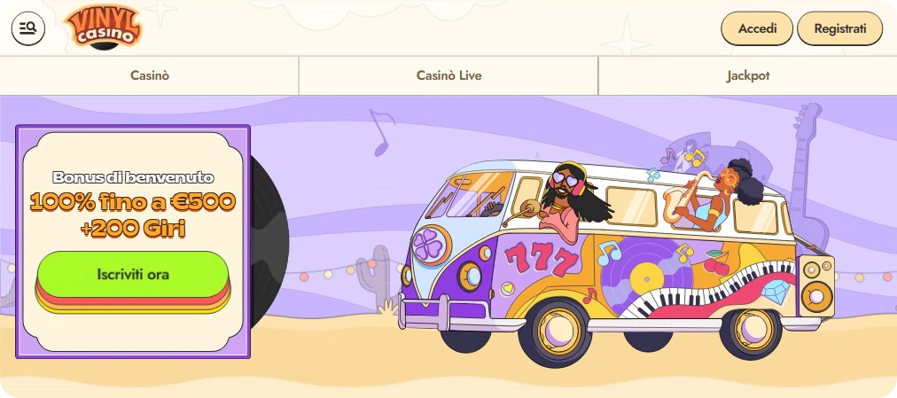 Vista della pagina principale del casinò Vinyl Casino
