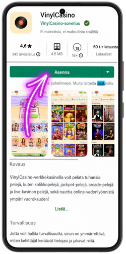 Vinyl Casinon asentaminen PWA-muodossa puhelimeen