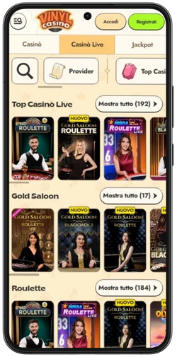 Casinò dal vivo di Vinyl Casino sul telefono