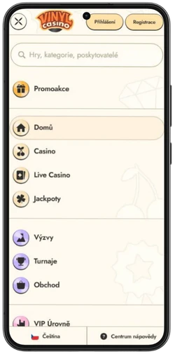 Nabídka Vinyl Casino na mobilu