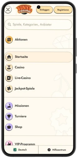Vinyl Casino menu on mobile