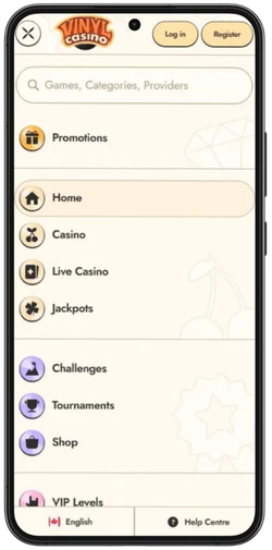 Vinyl Casino menu on mobile