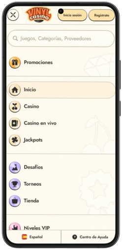 Menú de Vinyl Casino en el móvil