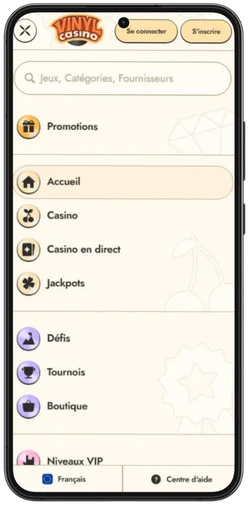 Menu de Vinyl Casino sur mobile