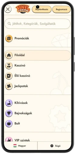 A Vinyl Casino menüje mobilon