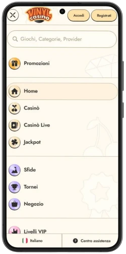 Menu di Vinyl Casino sul telefono