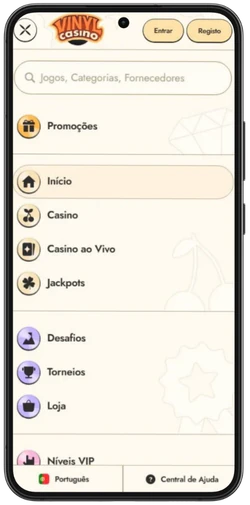Menu do Vinyl Casino no telemóvel