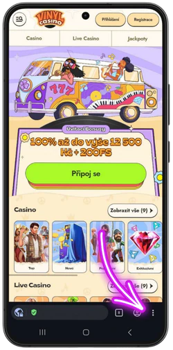 Otevření nabídky prohlížeče pro Vinyl Casino
