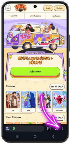 Opening the browser menu for Vinyl Casino
