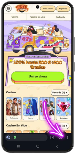 Abrir el menú del navegador para Vinyl Casino