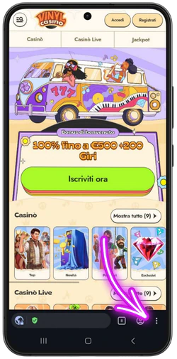 Aprire il menu del browser per Vinyl Casino