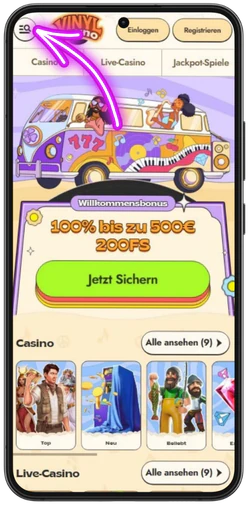Browsermenü öffnen, um Vinyl Casino zu installieren