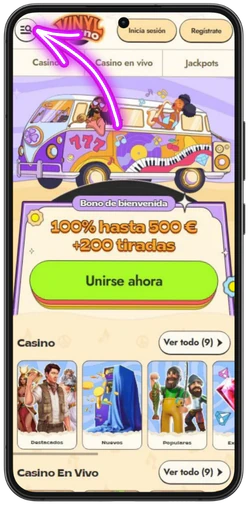 Abrir el menú del navegador para instalar Vinyl Casino