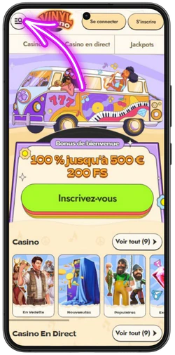 Ouvrir le menu du navigateur pour installer Vinyl Casino