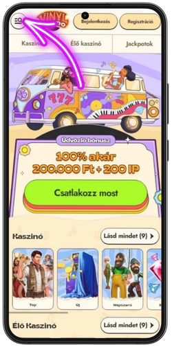 A menü megnyitása a Vinyl Casino telepítéséhez
