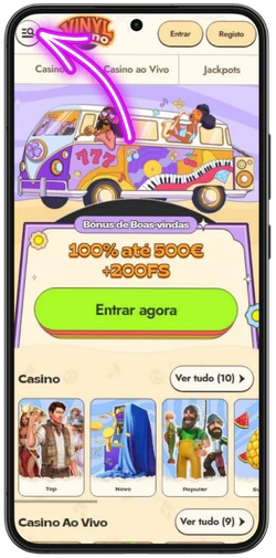 Abrir o menu do navegador para instalar o Vinyl Casino