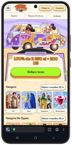 Otwieranie Vinyl Casino w przeglądarce mobilnej
