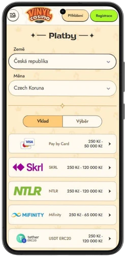 Platby Vinyl Casino na mobilu