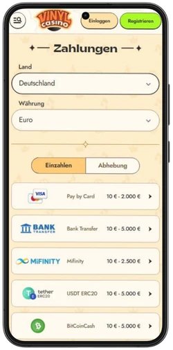 Vinyl Casino payments on mobile