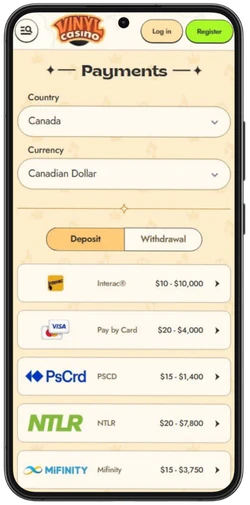 Vinyl Casino payments on mobile