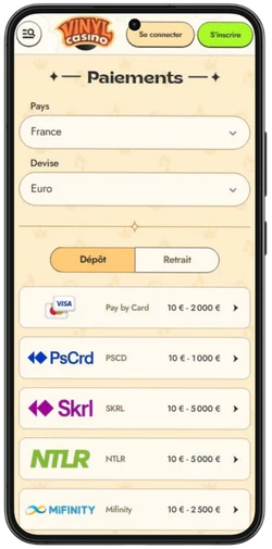 Paiements de Vinyl Casino sur mobile