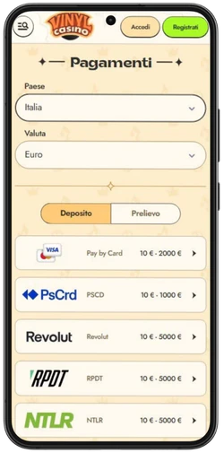 Pagamenti di Vinyl Casino sul telefono