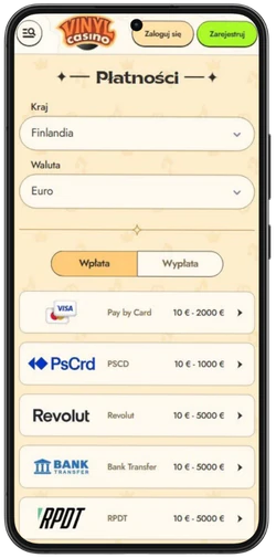 Płatności Vinyl Casino na telefonie