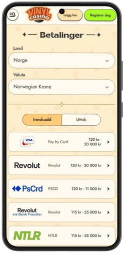 Vinyl Casino betalinger på mobil