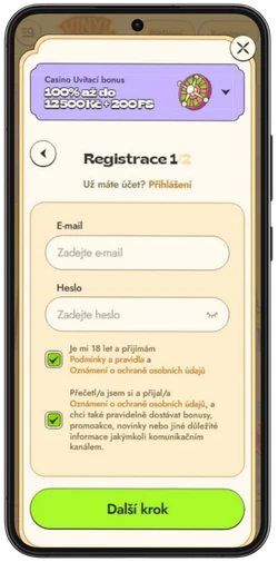 Registrační formulář Vinyl Casino na mobilu