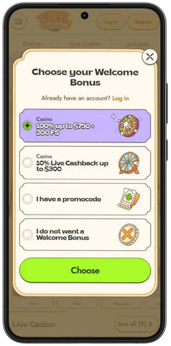 Vinyl Casino registration form on mobile