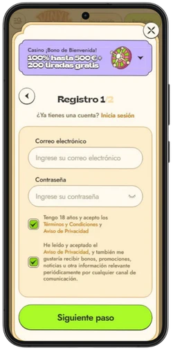 Formulario de registro de Vinyl Casino en el móvil