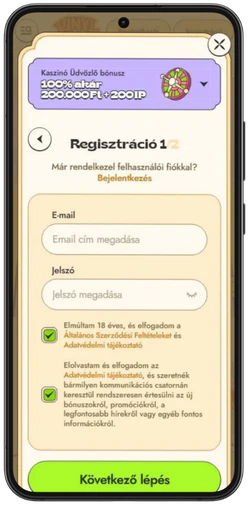 A Vinyl Casino regisztrációs űrlapja mobilon
