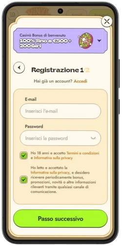 Modulo di registrazione di Vinyl Casino sul telefono
