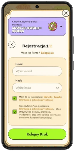 Formularz rejestracji Vinyl Casino na telefonie