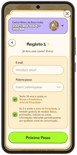 Formulário de registo do Vinyl Casino no telemóvel